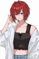  1girl ange_katrina black_tank_top blue_eyes blush breasts collarbone collared_shirt commentary_request crop_top crossed_bangs grin hair_between_eyes hair_intakes hair_ornament hairclip hand_up highres looking_at_viewer medium_hair midriff mochidash multiple_hairclips navel nijisanji official_alternate_costume open_clothes open_shirt pinstripe_pattern pinstripe_shirt red_hair shirt simple_background single_bare_shoulder single_off_shoulder sleeves_rolled_up small_breasts smile solo tank_top twitter_username upper_body virtual_youtuber white_background white_shirt 