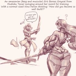  2girls ? ahoge arm_wrap armor breastplate breasts commentary english_commentary eris_greyrat greaves highleg highleg_panties holding holding_sword holding_weapon large_breasts long_hair looking_at_another multiple_girls muscular muscular_female mushoku_tensei n647 nina_farion panties shorts sword thick_thighs thighs underwear weapon white_background 