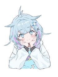  1girl ahoge audio1114 blue_eyes blue_hair blue_shirt blunt_bangs blush_stickers braid choker closed_mouth commentary cropped_torso double-parted_bangs ear_piercing hair_flaps hair_intakes hair_ornament hairclip head_on_hands head_rest highres hololive hololive_dev_is jacket lightning_ahoge looking_at_viewer low_twin_braids medium_hair mizumiya_su mizumiya_su_(1st_costume) multicolored_hair o-ring o-ring_choker open_clothes open_jacket parallel_hairclips piercing pink_streaks print_shirt shirt simple_background smile solo streaked_hair torn_clothes torn_shirt twin_braids two-tone_hair virtual_youtuber white_background white_jacket x_hair_ornament 
