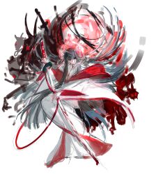  1girl absurdres black_hair blood blood_on_ground blood_on_weapon blunt_bangs blunt_ends bridal_veil bride chinese_commentary cocoon commentary_request dress e.g.o_(project_moon) figure frown full_body glowing glowing_eyes great_trichiliocosm_(e.g.o) hair_spread_out highres holding holding_sword holding_weapon hood invisible_chair japanese_clothes kimono limbus_company long_hair long_sleeves looking_at_viewer obi ootachi project_moon red_eyes red_ribbon ribbon ryoshu_(project_moon) sash see-through_clothes see-through_hood serious shadow shaguo_jiangyou_(liangxiu_meng_nu_shen_guan) shiromuku silhouette sitting sketch skirt solo string string_of_fate string_wings sword uchikake unsheathed veil wataboushi weapon white_kimono wide_shot wide_sleeves 