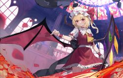  1girl alternate_wings ascot asymmetrical_wings back_bow black_bow blonde_hair bow breasts choker closed_mouth collared_shirt crystal crystal_wings falling_petals fire flandre_scarlet frilled_shirt_collar frilled_skirt frills hat hat_ribbon highres holding holding_weapon looking_at_viewer mismatched_wings mob_cap multicolored_wings one_side_up petals pongu red_choker red_eyes red_petals red_skirt red_vest red_wrist_cuffs ribbon shirt skirt skirt_set small_breasts solo stained_glass touhou vest weapon white_hat white_shirt wings wrist_cuffs yellow_ascot 