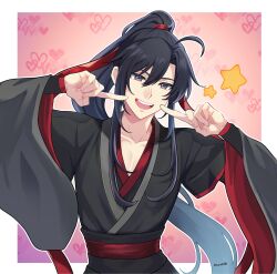 1boy :d ahoge aslle black_hair black_hanfu chinese_clothes collarbone commentary_request grandmaster_of_demonic_cultivation grey_eyes hair_between_eyes hair_ribbon hands_up hanfu heart heart_background highres long_hair long_sleeves looking_at_viewer male_focus open_mouth pectoral_cleavage pectorals pink_background pointing pointing_at_self ponytail red_ribbon red_sash ribbon robe sash sidelocks smile solo star_(symbol) teeth upper_body very_long_hair violet_eyes wei_wuxian wide_sleeves 
