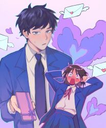  1boy 1girl black_eyes black_hair blue_jacket blush box collared_shirt futsuu_no_keion-bu gift gift_box grey_eyes hands_on_own_head hatono_chihiro heart hetero highres holding holding_gift jacket love_letter medium_hair mizuo_haruichi neck_ribbon necktie ribbon school_uniform shim4 shirt short_hair white_shirt 