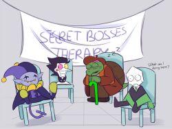  4boys banner black_hair black_jacket black_poncho black_shoes brown_coat brown_hat brown_pants cane cape chair circle_facial_mark closed_mouth coat collared_shirt colored_skin colored_teeth commentary deltarune english_commentary english_text facial_hair facial_mark fafameow furry furry_male gerson_boom glasses goatee green_necktie green_pippins green_poncho green_scales grey_background grey_skin hair_slicked_back hand_on_cane hat heterochromatic_eyewear highres jacket jester jester_cap jevil long_nose long_sleeves looking_ahead looking_at_another looking_to_the_side male_focus multiple_boys neck_ruff necktie on_chair pants parted_lips patch pink-tinted_eyewear pippins_(deltarune) pointy_ears pointy_nose purple_cape purple_tail scar_across_eyes shadow sharp_teeth shirt shoes short_hair short_male sideways_glance sitting smile snout spamton_g._spamton spiral_cheeks sweatdrop teeth therapy tile_floor tiles tinted_eyewear trait_connection turtle_boy utdr_(toby_fox) v-shaped_eyebrows white_shirt white_skin yellow-tinted_eyewear yellow_teeth zzz 