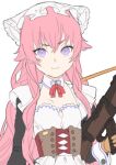  1girl :3 bow brown_corset brown_gloves closed_mouth corset flat_chest frills gloves grey_background gun hair_between_eyes holding holding_gun holding_weapon koyoi_mitsuki long_hair looking_at_viewer original pink_hair red_bow simple_background smile solo violet_eyes weapon 