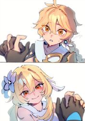 1boy 1girl aether_(genshin_impact) ahoge arm_armor armor artist_name backlighting bare_shoulders black_gloves black_shirt blonde_hair blurry blurry_foreground blush braid breasts brother_and_sister closed_mouth commentary_request crying crying_with_eyes_open dress earrings eyelashes feather_hair_ornament feathers fingernails flower genshin_impact gloves gold_trim hair_between_eyes hair_flower hair_ornament hand_up highres holding_hands jewelry long_hair looking_at_another low-braided_long_hair low-tied_long_hair lumine_(genshin_impact) medium_breasts orange_eyes partially_fingerless_gloves scarf shirt short_hair short_sleeves shoulder_armor siblings sidelocks simple_background single_braid single_earring sleeveless sleeveless_dress smile tears teeth ukata upper_body white_background white_dress white_flower white_scarf 