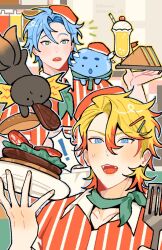  ! 2boys alternate_costume altventurer_(regis_altare) axel_syrios axelotl_(axel_syrios) axolotl blonde_hair blue_eyes blue_hair burger collared_shirt commentary creature creature_on_shoulder english_commentary food green_eyes green_scarf hair_ornament hairclip hat hiimtae_sb holding holding_plate holding_spatula holostars holostars_english ice_cream ice_cream_float male_focus multicolored_hair multiple_boys notice_lines on_shoulder open_mouth plate red_hair red_hat red_shirt red_streaks regis_altare sandwich scarf shirt slime_(creature) spatula spoken_exclamation_mark streaked_hair striped_clothes striped_shirt tiered_tray tray upper_body vertical-striped_clothes vertical-striped_shirt virtual_youtuber waiter 