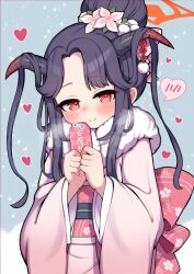  1girl black_hair blue_archive blush commentary_request cowboy_shot flower forehead fuuka_(blue_archive) fuuka_(new_year)_(blue_archive) goat_horns hair_bun hair_flower hair_ornament heart horns japanese_clothes kimono looking_at_viewer obi pink_kimono pink_sash red_eyes samejima_retro sash smile snowing solo 