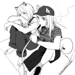  2girls animal_ears baseball_cap cat_ears cat_girl commentary_request dog_ears dog_girl dog_tail greyscale hat highres hookah ken_sogen kmnz lita_(kmnz) liz_(kmnz) long_hair monochrome multiple_girls overalls shirt short_hair shorts sitting smoking striped_clothes striped_shirt t-shirt tail 
