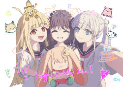  3girls :3 absurdres ahoge black_hair black_sailor_collar blonde_hair blue_eyes brown_eyes character_doll cho_kaguya-hime! commentary doll drawn_ears fang fish fushi_(cho_kaguya-hime!) happy_birthday heart highres kaguya_(cho_kaguya-hime!) long_hair mole mole_under_eye multiple_girls neckerchief open_mouth ponytail red_neckerchief runami_yachiyo sailor_collar sakayori_iroha school_uniform selfie serafuku shirt short_sleeves sidelocks simple_background thereaakari tiara white_background white_hair white_shirt 