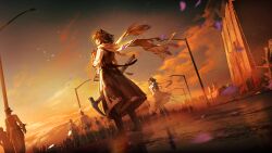  2girls animal_ears arknights bear_ears bear_girl book building clouds cloudy_sky crownslayer_(arknights) dress floating_clothes from_side highres holding holding_book holding_tool lamppost looking_at_another looking_at_viewer looking_back milana_(arknights) multiple_girls official_art outdoors people pickaxe scarf sky 