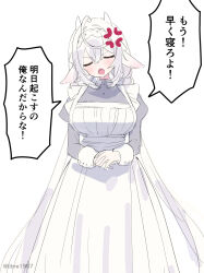  1girl :o anger_vein animal_ears apron breasts closed_eyes collared_dress dress facing_viewer frilled_apron frills grey_dress hair_between_eyes hairband highres horns juliet_sleeves large_breasts long_hair long_sleeves maid maid_apron open_mouth original own_hands_together puffy_sleeves simple_background solo translation_request v-shaped_eyebrows very_long_hair white_apron white_background white_hair white_hairband zenshin 
