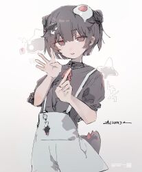  1girl :p absurdres aiamu_iamu artist_name black_eyes black_hair black_shirt blunt_bangs charm_(object) collared_shirt cowboy_shot double_bun egg_hair_ornament fish_hair_ornament food-themed_hair_ornament gradient_hair grey_background hair_bun hair_ornament hand_up highres light_blush looking_at_viewer multicolored_hair original overalls red_pupils shirt short_hair short_sleeves simple_background solo tongue tongue_out white_background 