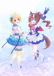  2girls ahoge animal_ears arm_up ascot belt blonde_hair blue_belt blue_eyes blue_gloves blue_jacket blue_skirt boots brown_hair commentary commission english_commentary epaulettes feather_hair_ornament feathers gloves hair_ornament high_heel_boots high_heels highres horse_ears horse_girl horse_tail ibuki_tsubasa idolmaster idolmaster_million_live! jacket kiraku_(s2_ou0uo_s2) long_hair long_sleeves looking_at_viewer machico_(voice_actor) multicolored_hair multicolored_jacket multiple_belts multiple_girls open_mouth pink_ascot plaid_clothes plaid_skirt ponytail red_eyes ripples short_hair single_epaulette skirt sleeveless smile standing star_(symbol) star_hair_ornament streaked_hair tail thigh-highs tokai_teio_(peak_joy)_(umamusume) tokai_teio_(umamusume) turning_head two-tone_jacket two-tone_skirt umamusume voice_actor_connection water white_boots white_gloves white_jacket white_skirt white_streaks yellow_thighhighs 