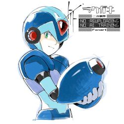  1boy android arm_cannon armor blue_armor blue_helmet forehead_jewel helmet male_focus mega_man_(series) mega_man_x_(series) reed_(arknights) simple_background solo to_i_to_io upper_body watermark weapon white_background x_(mega_man) 