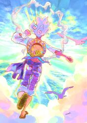  1boy arm_up artist_name bird blue_sash blue_shorts clenched_hands clouds curly_hair denim denim_shorts from_behind furol_nicoco gear_fifth hagoromo hat highres light_rays male_focus monkey_d._luffy ocean one_piece outstretched_arm sandals sash seagull shawl shirt shorts sky solo straw_hat sun sunbeam sunlight unworn_headwear white_hair white_shirt 