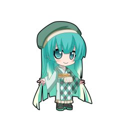 1girl a-pose aqua_hair aqua_kimono argyle_clothes argyle_kimono bag beret black_boots black_outline blue_eyes blunt_ends blush boots chibi chibi_only closed_mouth full_body game_asset gradient_hair green_hat hat hatsune_miku hatsune_miku_graphy_collection japanese_clothes kimono long_hair long_sleeves looking_at_viewer multicolored_hair obi obijime outline sash shirt_under_kimono smile solo standing transparent_background very_long_hair vocaloid white_bag yukata 