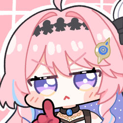  1girl :< chibi chibi_only closed_mouth colored_inner_hair commentary denia_(wuthering_waves) english_commentary gloves hair_intakes hair_ornament long_hair looking_at_viewer multicolored_hair pink_hair pointing pointing_at_viewer portrait purple_hair red_gloves solo sticker_(medium) twomoon v-shaped_eyebrows violet_eyes wuthering_waves 