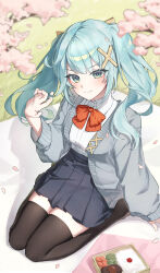 1girl absurdres alternate_costume aqua_eyes aqua_hair bento black_skirt black_thighhighs bow cardigan cherry_blossoms collared_shirt commentary_request contemporary curled_fingers eyelashes faruzan_(genshin_impact) food genshin_impact gold grass grey_cardigan grey_pupils grey_sleeves hair_ornament hamburger_steak highres hot_dog large_bow long_hair long_sleeves looking_at_viewer open_cardigan open_clothes open_hand outdoors petals pleated_skirt red_bow rice school_uniform seiza shirt sitting skindentation skirt smile solo symbol-shaped_pupils thigh-highs triangle-shaped_pupils twintails undershirt v-shaped_eyebrows vegetable white_shirt x_hair_ornament y91210666 