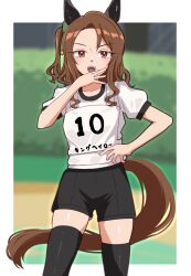  1girl :d animal_ears black_shorts black_thighhighs bow brown_eyes bush commentary_request cowboy_shot ear_covers enukee green_bow hair_between_eyes hair_bow highres horse_ears horse_girl horse_tail king_halo_(umamusume) laughing long_hair looking_at_viewer one_side_up open_mouth original_race_uniform_(umamusume) outdoors parted_bangs race_bib shirt short_shorts short_sleeves shorts sidelocks smile solo standing tail thigh-highs umamusume white_shirt zettai_ryouiki 