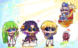  +++ 1girl 1other 3boys :d animal bangle black_hair blue_flower blue_shirt boots bracelet brown-framed_eyewear brown_shoes chibi collared_shirt commentary_request crossed_arms crossed_legs dog dress_shirt enkidu_(fate) fate/grand_order fate_(series) floating flower francois_prelati_(fate) gilgamesh_(caster)_(fate) gilgamesh_(fate) grin hair_ornament hand_on_own_hip jacket jewelry johanna_(fate) john_lackland_(fate) kasuga_yuuki knee_boots long_sleeves multicolored_hair multiple_boys pants pink_flower purple-framed_eyewear purple_boots purple_hair purple_jacket robe round_eyewear shirt shoes short_sleeves sitting smile sparkle standing star-shaped_eyewear star_(symbol) sunglasses throne two-tone_hair v-shaped_eyebrows white_pants white_robe wide_sleeves 
