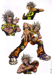  1boy absurdres artbook beatmania_iidx beatmania_iidx_5th_style bemani blonde_hair dark-skinned_male dark_skin full_body goli_matsumoto headphones highres holding_record k-na male_focus multiple_views official_alternate_costume official_art orange_pants pants purple_shoes scan shirt shoes simple_background spiky_hair third-party_source vinyl_record white_background yellow_shirt 