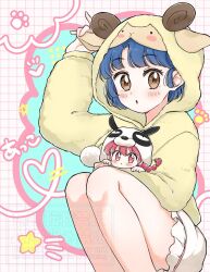  2girls :o acco_oekaki animal_costume animal_hood blue_hair braid brown_eyes chibi closed_mouth commentary_request frilled_shorts frills grid_background hand_up highres holding_chibi hood hood_up hoodie multiple_girls panda_hood pink_eyes pink_hair ranma_1/2 saotome_genma_(panda) saotome_ranma saotome_ranma_(female) sheep_costume sheep_hood short_hair shorts single_braid sitting squatting tendou_akane watermark white_shorts yellow_hoodie 