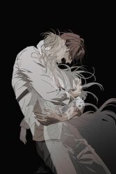  1boy 1girl black_background black_pants brown_hair catherine_(project_moon) chest_harness closed_eyes collared_shirt commentary_request cowboy_shot crying dark-skinned_male dark_skin ghost harness heathcliff_(project_moon) highres korean_commentary limbus_company long_hair long_sleeves mangsug12_40 open_mouth pants project_moon shirt simple_background white_shirt 