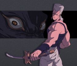  1boy absurdres anubis_(stand) black_tank_top broken broken_heart_earrings broken_sword broken_weapon commentary_request dog earrings feet_out_of_frame fighting_stance flattop from_side glaring highres holding holding_sword holding_weapon jean_pierre_polnareff jewelry jojo_no_kimyou_na_bouken male_focus mori_(enignuma797) muscular muscular_male pants possessed pouch shade shaded_face single_strap standing stardust_crusaders sword tall_hair tank_top weapon white_hair white_pants wristband 