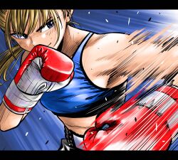  1girl black_shorts blonde_hair blue_background blue_eyes blue_sports_bra boxing boxing_gloves boxing_shorts breasts commentary_request flying_sweatdrops hatching_(texture) highres lee_(dragon_garou) letterboxed motion_lines original ponytail punching shorts small_breasts smile solo sports_bra sweat upper_body 