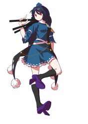  1girl absurdres armor black_socks blue_dress blue_hair blue_hat chinese_commentary closed_mouth coat commentary_request dress frilled_dress frills geta hat highres holding holding_tripod iizunamaru_megumu jian_wei_xiao_shi_pian kneehighs long_hair long_sleeves pauldrons pom_pom_(clothes) purple_shoes red_eyes ribbon-trimmed_dress ribbon_trim shoes shoulder_armor shoulder_guard simple_background single_pauldron sleeveless sleeveless_coat smile socks solo tengu-geta tokin_hat touhou tripod white_background 