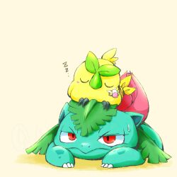  animal_on_head bird bird_on_head browt closed_eyes commentary highres ivysaur kinakomochi_(kazuna922) lying on_head on_stomach pokemon pokemon_(creature) pokemon_focus red_eyes sleeping untranslatable_commentary 