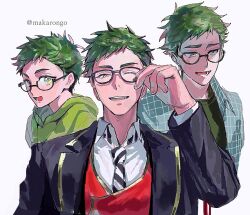  1boy aged_down black_jacket child glasses hazukisawara jacket looking_at_viewer male_focus multiple_views night_raven_college_school_uniform one_eye_closed red_vest school_uniform simple_background trey_clover twisted_wonderland upper_body vest white_background yellow_eyes 