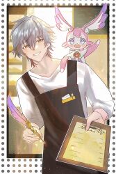  1boy alternate_costume apron black_apron caelus_(honkai:_star_rail) clipboard commentary creature english_commentary english_text grey_hair highres holding holding_clipboard holding_menu holding_pen holding_quill honkai:_star_rail honkai_(series) long_sleeves mem_(honkai:_star_rail) menu pen quill senako_dokidoki shirt smile trailblazer_(honkai:_star_rail) waiter white_shirt yellow_eyes 