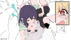  3girls ahoge anger_vein black_shirt blue_eyes blue_nails blush brown_eyes cho_kaguya-hime! commentary_request fang green_shirt heart heart_ahoge highres hixii1238 hug kaguya_(cho_kaguya-hime!) lying mole mole_under_eye multiple_girls nail_polish on_back open_mouth pajamas pink_shorts runami_yachiyo sakayori_iroha shirt shorts tearing_up video_call yuri 
