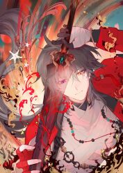  1boy ahoge bandages bangle beads blade_(honkai:_star_rail) blue_hair bracelet commentary_request curtained_hair earrings expressionless flower gloves gradient_hair highres holding holding_sword holding_weapon honkai:_star_rail honkai_(series) jacket jewelry long_hair male_focus mortenax_blade_(honkai:_star_rail) multicolored_hair necklace open_clothes open_jacket orange_eyes petals red_eyes reflection single_glove spider_lily star_(symbol) sword szpw_nmh3 tassel very_long_hair violet_eyes weapon yingxing_(honkai:_star_rail) 