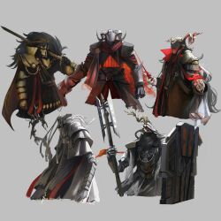  5boys absurdres antlers arknights armor cloak demon_boy demon_horns goat_boy goat_horns halberd helmet highres horns kusami_toka_naku_au lion_boy lugalszargus_(arknights) multiple_boys nezzsalem_(arknights) patriot_(arknights) polearm reunion_logo_(arknights) staff sverdsmeltr_(arknights) sword wand weapon wendigo witch_king_(arknights) 