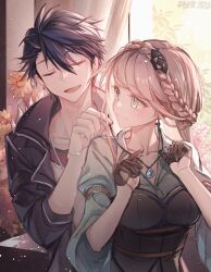  1boy 1girl :d arm_belt black_bodice black_hair blonde_hair blue_jacket blue_streaks bodice braid closed_eyes closed_mouth collarbone commentary cropped_torso crown_braid curtains double-parted_bangs earrings eiyuu_densetsu elaine_auclair green_eyes hair_between_eyes half_up_braid highres indoors jacket jewelry kai_no_kiseki kuro_no_kiseki_(series) long_sleeves multicolored_hair necklace open_mouth parted_bangs parted_lips pendant puffy_long_sleeves puffy_sleeves putting_on_jewelry single_earring smile streaked_hair untranslatable_commentary upper_body van_arkride wide_sleeves willfin window 