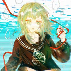  1girl :o black_sailor_collar black_shirt breasts chinese_commentary collarbone commentary_request crying crying_with_eyes_open food green_eyes green_hair gumi hair_ornament hairclip hand_up highres long_sidelocks long_sleeves looking_at_viewer midriff_peek mont_blanc_(food) parallel_hairclips parted_lips puffy_long_sleeves puffy_sleeves red_ribbon ribbon sailor_collar school_uniform serafuku shirt short_hair_with_long_locks sidelocks signature small_breasts solo teardrop tearing_up tears upper_body vocaloid yowamushi_mont-blanc_(vocaloid) yukijam_xc 