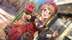  1girl :d beret bespectacled blush brown_hair card_commentary commentary_request day dutch_angle food fruit game_asset glasses hat holding holding_food holding_ice_cream holding_ice_cream_cone holding_spoon ice_cream ice_cream_cone idolmaster idolmaster_million_live! idolmaster_million_live!_theater_days incoming_food looking_at_viewer miyao_miya official_alternate_costume official_alternate_hairstyle official_art open_mouth outdoors red_hat red_skirt red_vest round_eyewear sidelocks skirt smile solo spoon standing strawberry thick_eyebrows third-party_source vest violet_eyes 