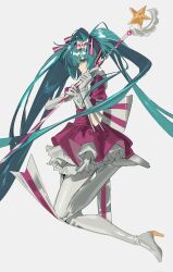  1girl aqua_hair back_bow boots bow commentary dress from_side full_body gloves hair_bow hatsune_miku high_heel_boots high_heels highres holding holding_staff ima_sugu_rinne_(vocaloid) layered_dress long_hair magical_girl pink_bow pink_dress simple_background solardark09 solo staff striped_bow two-tone_bow very_long_hair vocaloid white_background white_boots white_bow white_gloves 