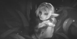 1girl absurdres closed_mouth commentary earrings elf frieren greyscale highres jewelry long_hair monochrome nosori pointy_ears solo sousou_no_frieren teardrop_earrings white_hair 