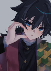 1boy black_hair black_jacket blue_eyes buttons demon_slayer_uniform gold_buttons hair_between_eyes hand_up haori high_collar highres jacket japanese_clothes kikkoumon kimetsu_no_yaiba long_hair looking_at_viewer low_ponytail male_focus ponytail print_haori red_haori refu_q simple_background solo spiky_hair tomioka_giyuu upper_body 