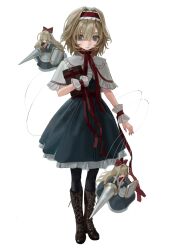  1girl alice_margatroid black_pantyhose blonde_hair blue_dress blue_eyes book boots brown_boots capelet chinese_commentary closed_mouth commentary_request doll dress frilled_hairband frilled_wrist_cuffs frills full_body grimoire grimoire_of_alice hairband highres holding holding_book holding_polearm holding_shield holding_weapon jewelry kofi-mo lace-up_boots lance looking_at_viewer pantyhose polearm puppet_rings puppet_strings red_hairband red_sash red_wrist_cuffs ring sash shanghai_doll shield simple_background solo touhou waist_sash weapon white_background white_capelet wrist_cuffs 