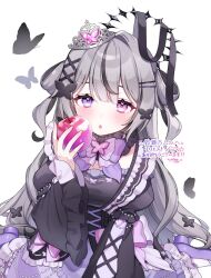  1girl apple black_butterfly blush bow bowtie bug butterfly butterfly_hair_ornament butterfly_in_eye commentary_request commission corset crown dress food frilled_dress frilled_sleeves frills fruit goth_fashion gothic_lolita grey_hair hair_ornament halo heterochromia holding holding_food holding_fruit iriam lolita_fashion long_hair magical_girl mainemu_izu shoes skeb_commission suzuse_nonomaru virtual_youtuber white_background wide_sleeves x_hair_ornament 