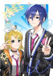  1boy 1girl 6_chair absurdres aqua_eyes black_cardigan black_collar black_jacket blonde_hair blue_background blue_hair blue_nails border bow bow_hairband cardigan closed_mouth collar drawn_blush drawn_ears drawn_food drawn_star drawn_whiskers grin hair_between_eyes hair_ornament hairband hairclip highres hood hood_down hooded_jacket jacket kagamine_rin kaito_(vocaloid) leo/need_kaito leo/need_rin long_sleeves looking_at_viewer necktie open_clothes open_collar open_jacket outside_border patch project_sekai purple_necktie school_uniform shirt short_hair smile star_(symbol) studded_collar tie_clip upper_body v vocaloid white_border white_bow white_hairband white_shirt x_hair_ornament yellow_nails 