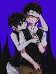  2boys antenna_hair black_eyes black_hair black_sweater_vest black_tank_top blue_background brown_shorts closed_mouth collared_shirt colored_skin commentary covering_another's_eyes crying dual_persona expressionless highres holding holding_knife knife male_focus multiple_boys omori omori_(omori) open_mouth otukimiruno shirt short_hair short_sleeves shorts striped_clothes striped_shorts sunny_(omori) sweater_vest tank_top untranslatable_commentary vertical-striped_clothes vertical-striped_shorts white_shirt white_shorts white_skin 