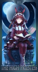  1girl absurdres ahoge animal_ears blunt_bangs blunt_ends blunt_sidelocks book brown_headdress chair closed_mouth dress frilled_hairband frills full_moon hair_between_eyes hairband highres holding holding_book horse_ears horse_girl horse_tail lanse_dai_mao layered_hair long_hair long_sleeves looking_at_viewer moon on_chair red_desire_(divine_raiment)_(umamusume) red_desire_(umamusume) red_dress red_hair red_hairband red_headdress red_thighhighs red_veil sidelocks sitting smile solo star_ornament tail tarot the_emperor_(tarot) the_high_priestess_(tarot) thigh-highs umamusume veil yellow_eyes 