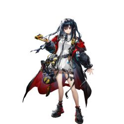  1girl arknights belt belt_pouch black_belt black_boots black_coat black_collar black_hair black_shorts boots carabiner chain closed_mouth closure_(arknights) coat collar drone earpiece full_body goggles hair_between_eyes hammer highres holding holding_weapon id_card infection_monitor_(arknights) jacket legs_apart liyu_li long_hair looking_at_viewer multicolored_coat official_art open_clothes open_coat pliers pointy_ears pouch puffy_sleeves red_coat red_eyes shorts simple_background smile solo standing tachi-e tail third-party_source tool_belt tools transparent_background turtleneck turtleneck_jacket twintails two-tone_coat unworn_goggles vampire walkie-talkie weapon white_jacket zipper 
