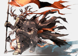  1boy absurdres arknights armor cape cloak flag full_armor highres holding holding_flag horns kneeling mask on_one_knee patriot_(arknights) red_ribbon ribbon rokunose skull_mask 